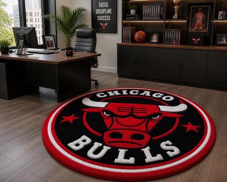 May include: A round rug featuring the Chicago Bulls logo in red, black, and white. The logo includes a red bull head with white horns and the words "CHICAGO BULLS" in a circular design. The rug has a red border.