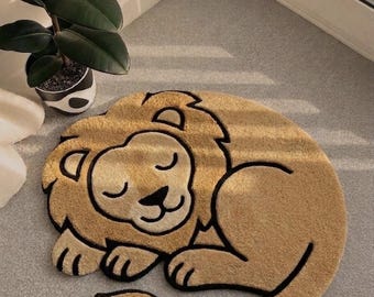 Sleeping Lion Tufted Rug – Cute Safari Nursery Area Rug, Handmade Lion Carpet for Baby Boy Room, Animal Theme Rug, Soft Nursery Floor Mat .