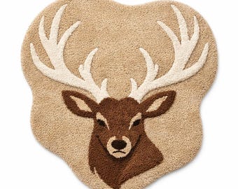 Hand Tufted Wool Deer Head Rug | Rustic Animal Shape Area Carpet