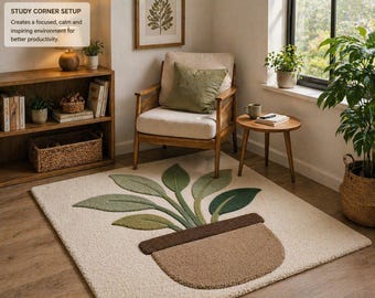 Hand Tufted Wool Plant Rug, Modern Botanical Leaf Carpet, Living Room 8x10
