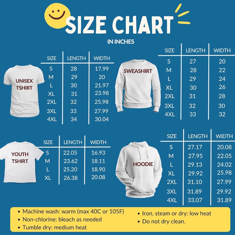 May include: Size chart in inches for various clothing items, including t-shirts and hoodies. Measurements for length and width are provided in inches, ranging from size S to 4XL. Washing instructions are also included.