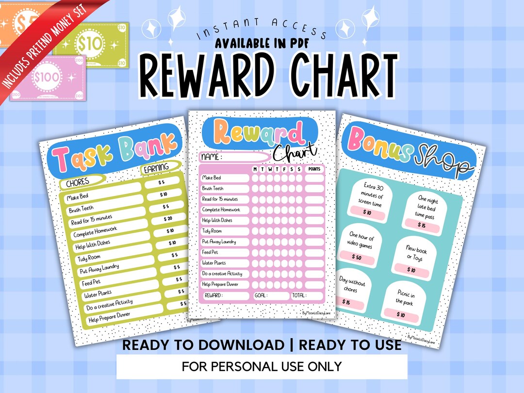 Kids Reward Chart Printable With Task Bank and Bonus Shop | Pretend ...