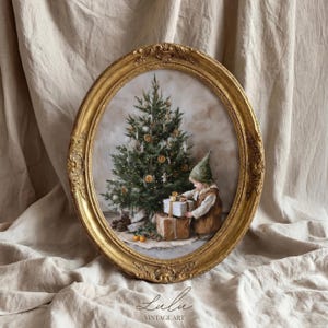 May include: An oval, gold-framed painting shows a Christmas scene. A decorated Christmas tree with lights and ornaments is next to a child opening gifts. The painting is signed "Lulu Vintage Art".