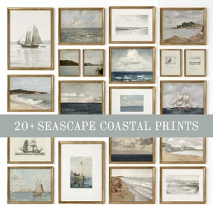 May include: A collection of 20+ seascape coastal prints displayed in gold frames, featuring various maritime scenes including sailboats, lighthouses, ocean waves, and shorelines. The text 20+ SEASCAPE COASTAL PRINTS is centered across the image.