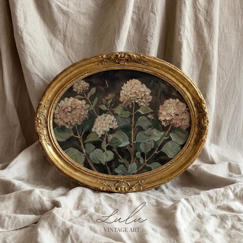 Vintage Hydrangea Painting | Moody Floral Wall Art | Dark Botanical ...