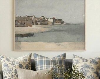 Coastal Village Print | Vintage Seaside Landscape Artwork (Digital Download)