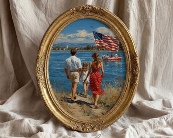 Vintage Coastal Family Scene | Americana Summer Painting | Nostalgic Beach Wall Art | Digital Download