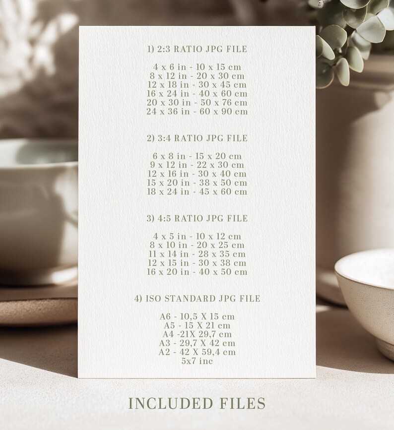 May include: A white card with text detailing image file ratios and sizes, including 2:3, 3:4, 4:5, and ISO standard formats. Measurements are provided in inches and centimeters, such as 4 x 6 in (10 x 15 cm). The text also includes the words "Included Files".