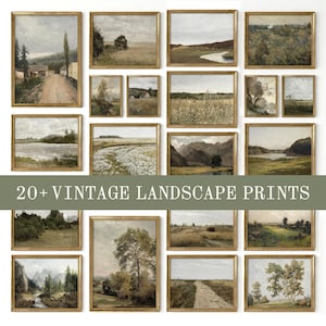Può includere: Una collezione di oltre venti stampe di paesaggi in cornici dorate, che ritraggono varie scene all'aperto con campi, foreste, montagne e sentieri. Il testo 20+ VINTAGE LANDSCAPE PRINTS è visualizzato in bianco su una fascia orizzontale verde.