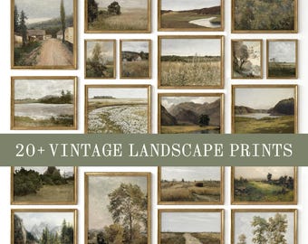 Könnte beinhalten: Eine Sammlung von über zwanzig Landschaftskunst-Drucken in Goldrahmen, die verschiedene Außenansichten wie Felder, Wälder, Berge und Feldwege zeigen. Der Text 20+ VINTAGE LANDSCAPE PRINTS ist in Weiß auf einem grünen horizontalen Banner zu sehen.