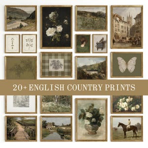 May include: A collection of twenty-plus framed art prints featuring landscapes, floral arrangements, a butterfly, and a horse rider. The prints are displayed in gold frames with a central banner containing the text 20+ ENGLISH COUNTRY PRINTS.
