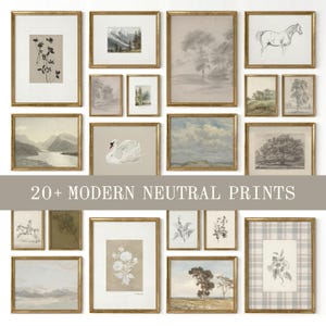 May include: A collection of framed art prints with gold frames. The prints feature neutral tones and include botanical illustrations, landscapes, and a swan. The text "20+ MODERN NEUTRAL PRINTS" is displayed in a banner across the image.