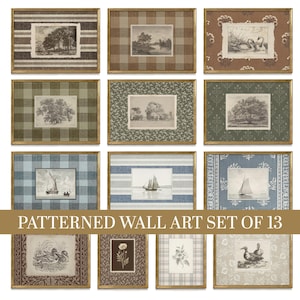 May include: A set of thirteen framed wall art pieces featuring various monochromatic sketches of landscapes, boats, and wildlife. Each print is centered on a fabric mat with distinct patterns including stripes, plaid, and floral motifs in brown, green, and blue tones.