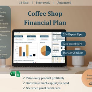 May include: A laptop displaying a Coffee Shop Financial Plan dashboard with charts and tables. The screen shows 14 tabs, including Dashboard, Product Costing, and Revenue Plan. Text includes 50+ Expert Tips, Live-Dashboard, and Startup Checklist.