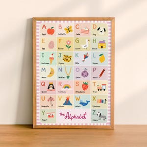 May include: A rectangular wall print in a light wood frame featuring an alphabet chart. Each letter from A to Z is displayed in a grid with a corresponding colorful illustration and label, such as Apple, Butterfly, Cake, and Zebra. The text The Alphabet is centered at the bottom.