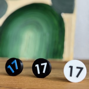 Könnte beinhalten: Drei runde Objekte, schwarz und weiß, mit der Zahl 17. Eines hat blaue Ziffern, die anderen weißen. Sie liegen auf einer Holzoberfläche, mit einem verschwommenen grünen und beigen Gemälde im Hintergrund.