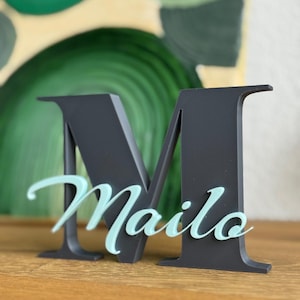Könnte beinhalten: Ein dunkelgrauer Holzbuchstabe "M" mit dem Namen "Mailo" in hellblauer Schrift. Der Holzbuchstabe steht auf einer Holzoberfläche mit einem verschwommenen grün-weißen Hintergrund.