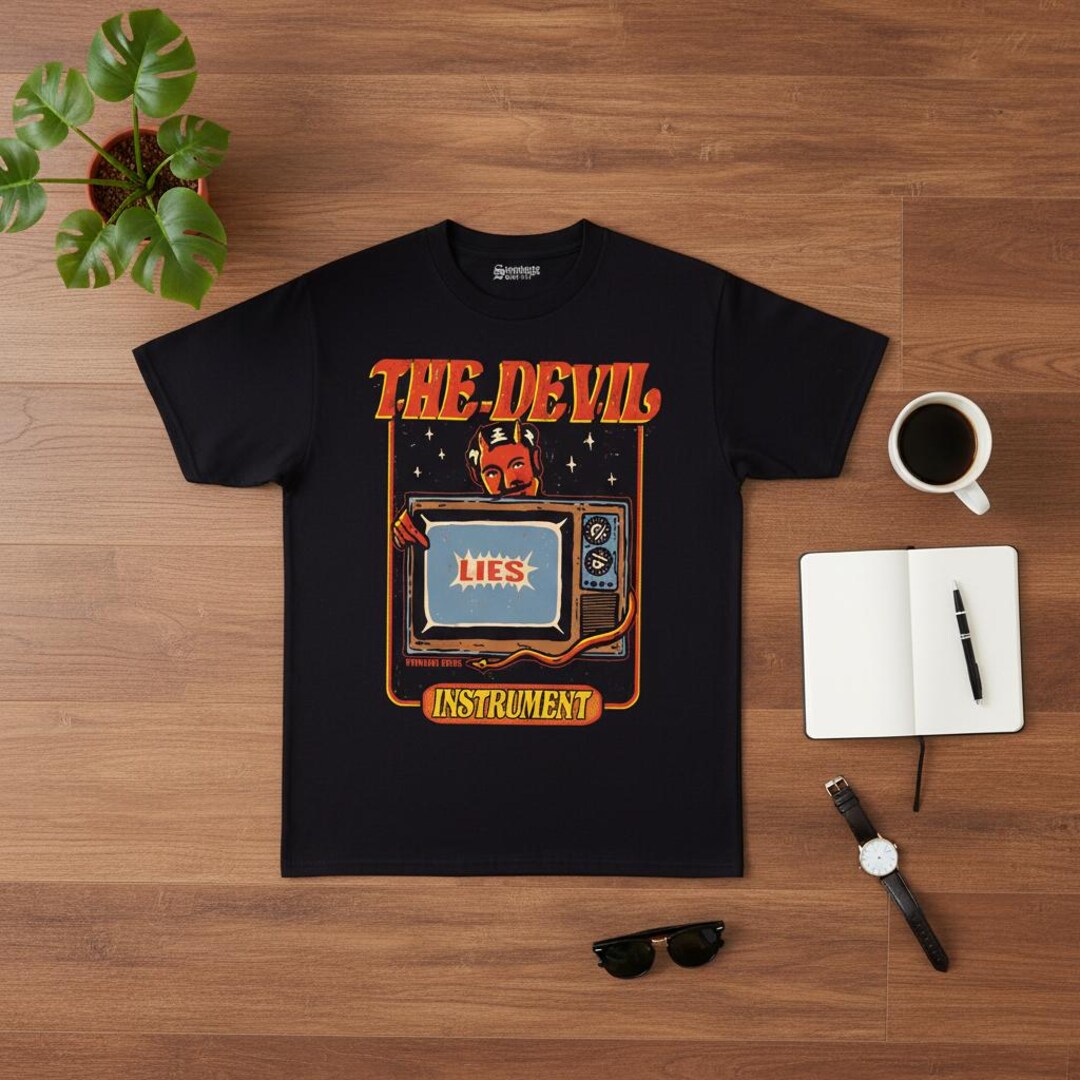 The Devil Instrument Shirt, Television Lies Graphic Tee, Media Satire ...