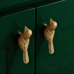 Puede incluir: Dos tiradores dorados con forma de pájaro montados en una puerta de armario verde oscuro. Los tiradores de pájaro están detallados con texturas de plumas y miran hacia arriba. La puerta del armario tiene un diseño de panel empotrado.