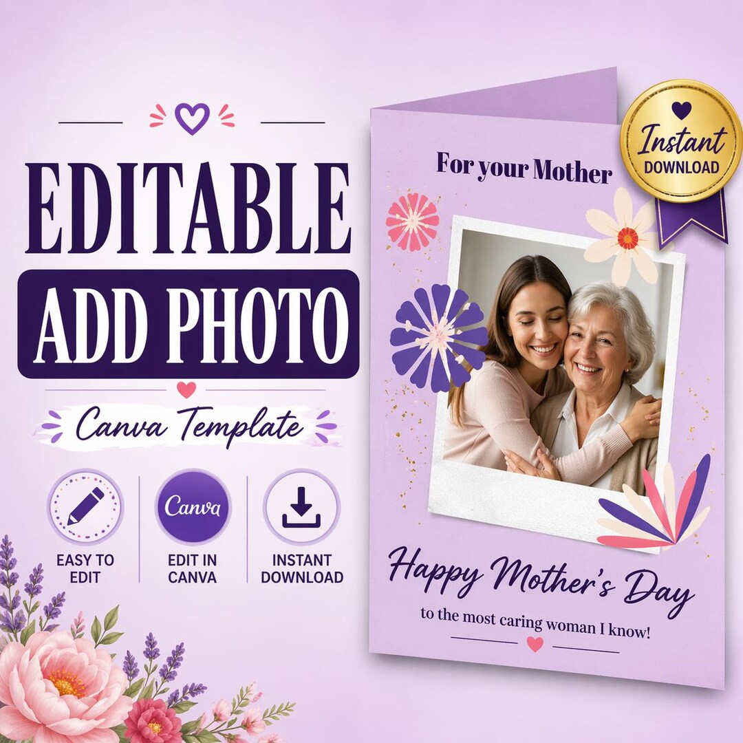 Editable Mother's Day Photo Card, Edit in 2 Minutes, Canva Template ...