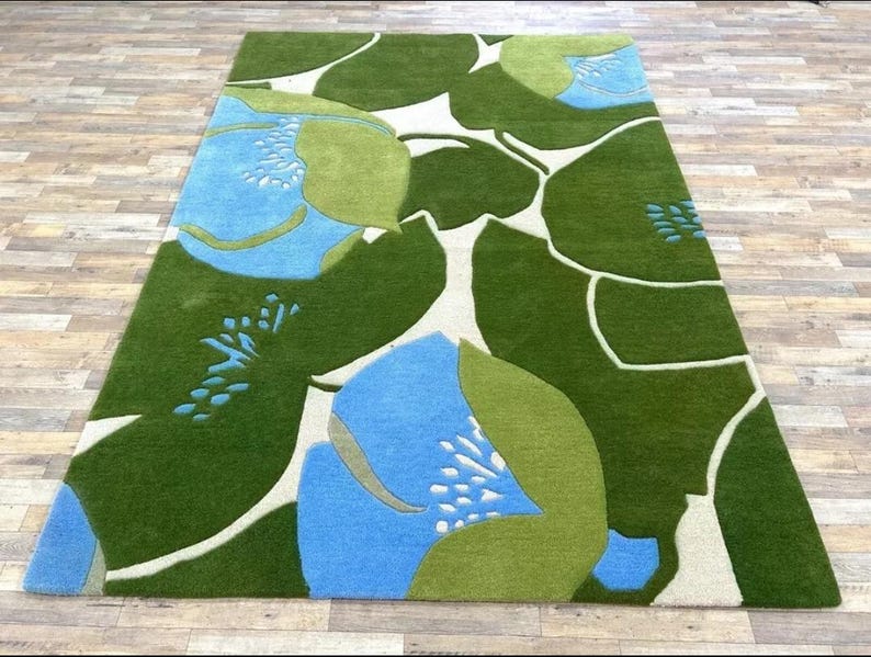 Green & Blue Floral Area Rug | Modern Abstract Leaf Carpet New Tufted ...