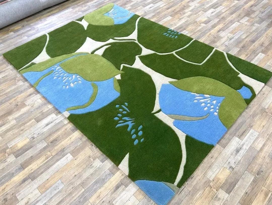 Green & Blue Floral Area Rug | Modern Abstract Leaf Carpet New Tufted ...