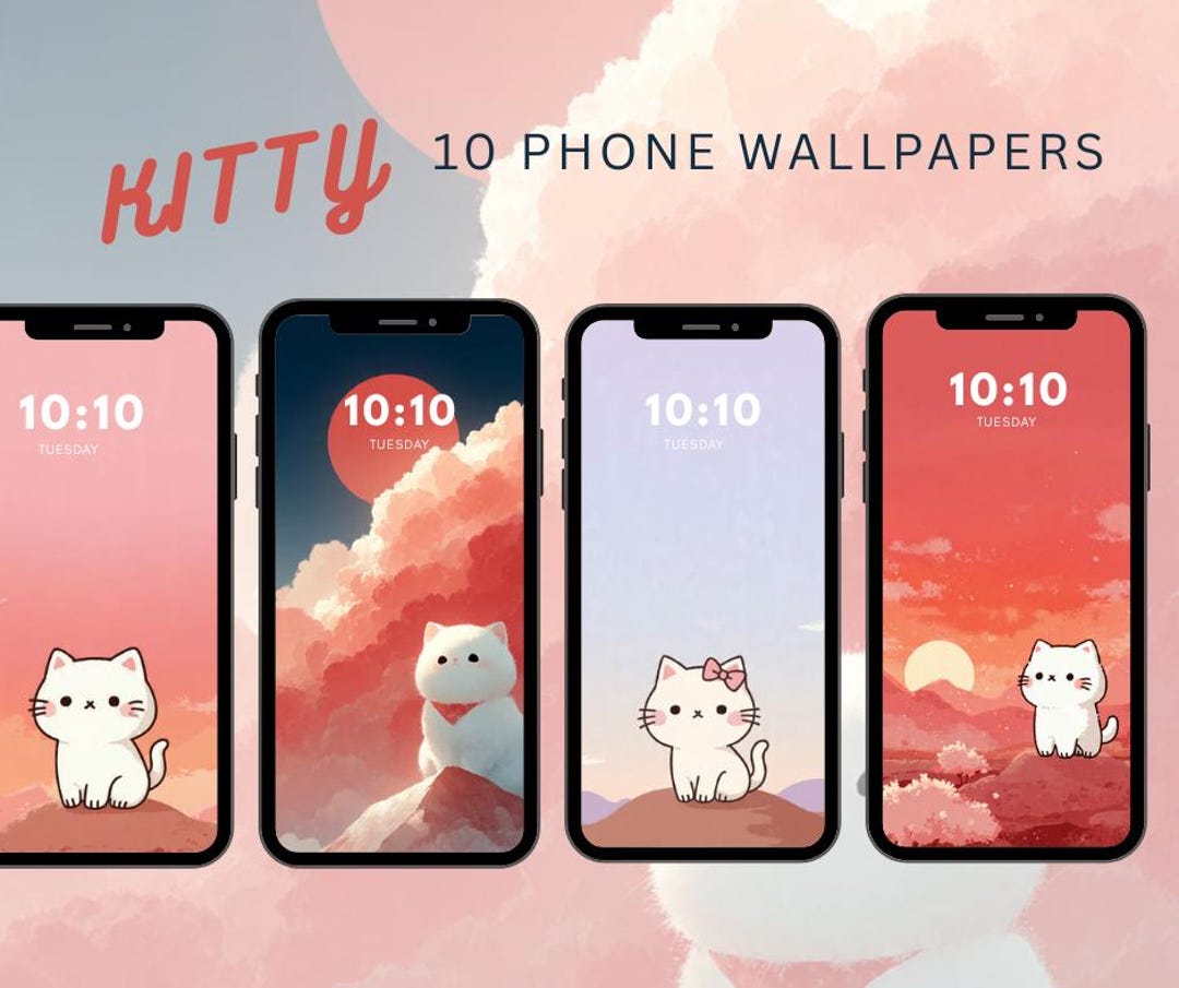 Kawaii Cat Phone Wallpaper Bundle – Pastel Backgrounds (10 Digital HD ...