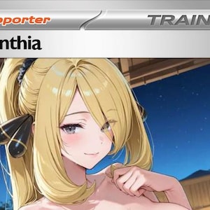 Könnte beinhalten: Eine Sammelkarte mit der Figur Cynthia. Die Karte hat einen weißen Hintergrund mit dem Text "Cynthia" in Schwarz. Die Karte ist oben links mit "Supporter" und oben rechts mit "Trainer" beschriftet.