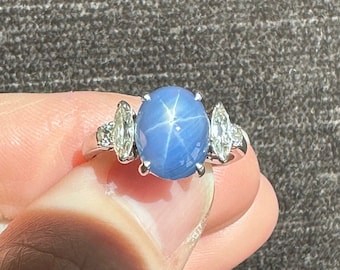 Platinum 5.26 CT Natural Star Sapphire & Diamond Ring