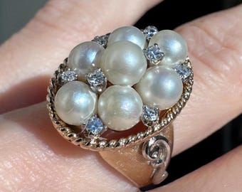 14k Solid Victorian Gold Pearl & Diamond Cocktail Ring