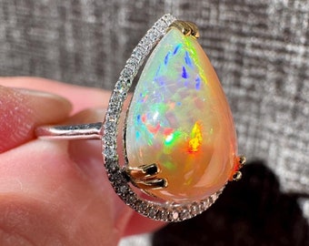 14K Solid Gold Natürliche Feuer Honig Kamm Opal & Diamant Ring
