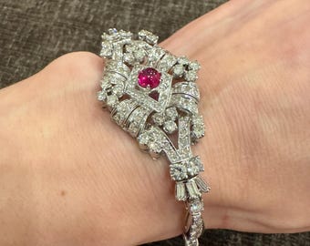 1935 Art Deco Solid Platinum Natural Diamond Bracelet with Ruby Cabochon
