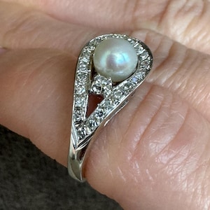 Vintage Art Deco 14k Solid White Gold Natural Pearl & Diamond Ring