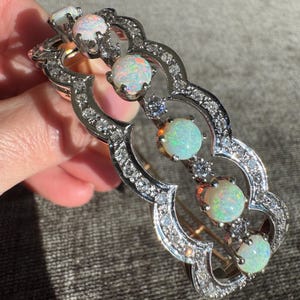Vintage 14K Gold Opal & Diamond Bracelet: Edwardian Art Deco Bangle