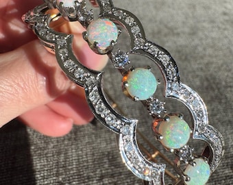 14K Solid Gold Opal & Diamond Bracelet Edwardian Art Deco Bangle