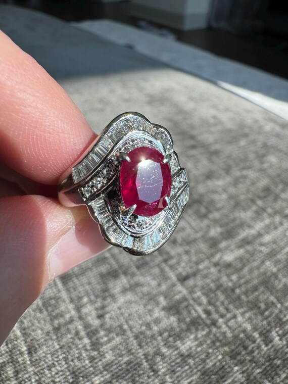 Solid Platinum Natural Ruby & Diamond Ring - image 2