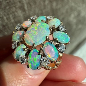 14K Solid Gold Opal & Diamond Ring - US Size 6.5