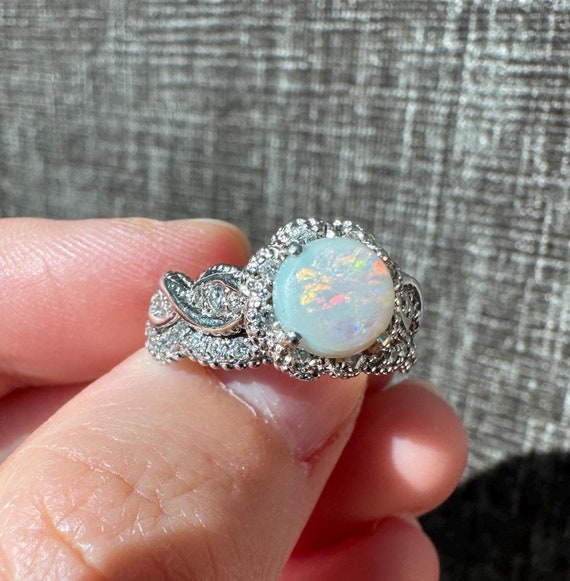 14Kソリッドホワイトゴールド＆天然オパールダイヤモンドリング - Etsy 