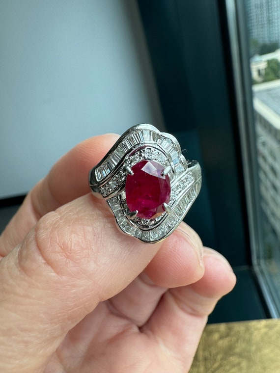 Solid Platinum Natural Ruby & Diamond Ring - image 6