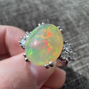 14K Solid Gold Natural Fire Opal and Diamond Ring
