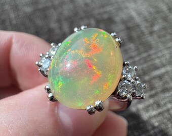 14K Solid Gold Natürliche Feueropal Diamant Ring
