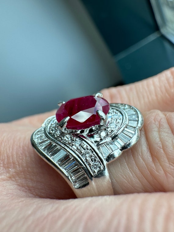 Solid Platinum Natural Ruby & Diamond Ring - image 4