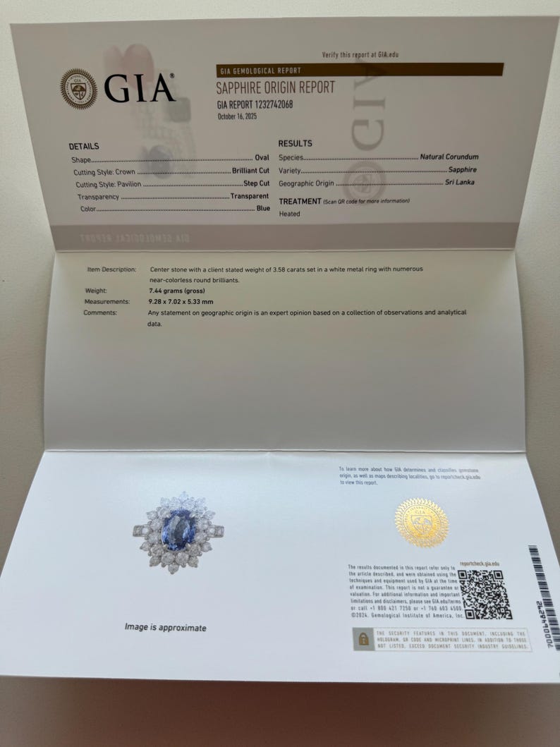 May include: A GIA Gemological Report for a sapphire ring. The report details the oval-shaped blue sapphire's characteristics, including its weight of 3.58 carats and measurements of 9.28 x 7.02 x 5.33 mm. The ring is set in white metal with near-colorless round brilliants.