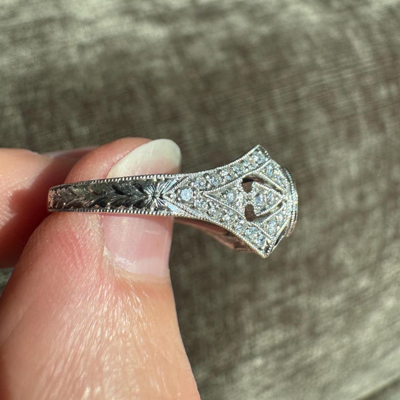 K&ouml;nnte beinhalten: Ein silberner Ring mit aufwendigem Filigran und kleinen, funkelnden Edelsteinen. Der Ring hat ein detailliertes Blumenmuster entlang des Bandes und ein zentrales Design mit mehreren Steinen. Der Ring wird hochgehalten, um seine verzierten Details zu zeigen.
