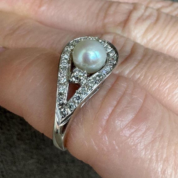 Art Deco 14k Solid White Gold Natural Pearl & Diamond Ring