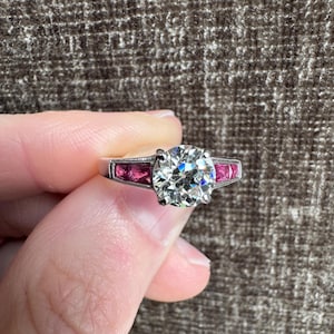 18k White Gold Art Deco Style Old Mine Cut Diamond & Ruby Ring