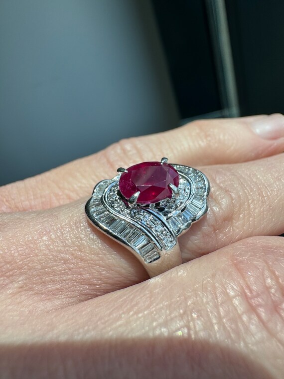 Solid Platinum Natural Ruby & Diamond Ring - image 7