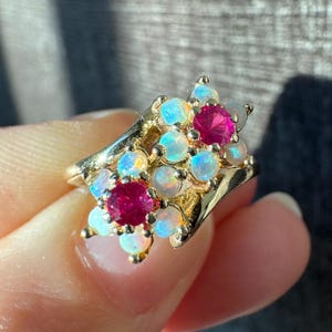 Stunning 14K Solid Yellow Gold Natural Opal and Diamond Ring