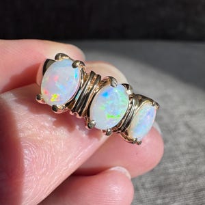 14K Solid Gold Natural Triple Fire Opal and Diamond Ring