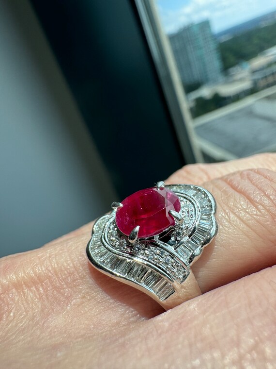 Solid Platinum Natural Ruby & Diamond Ring - image 5